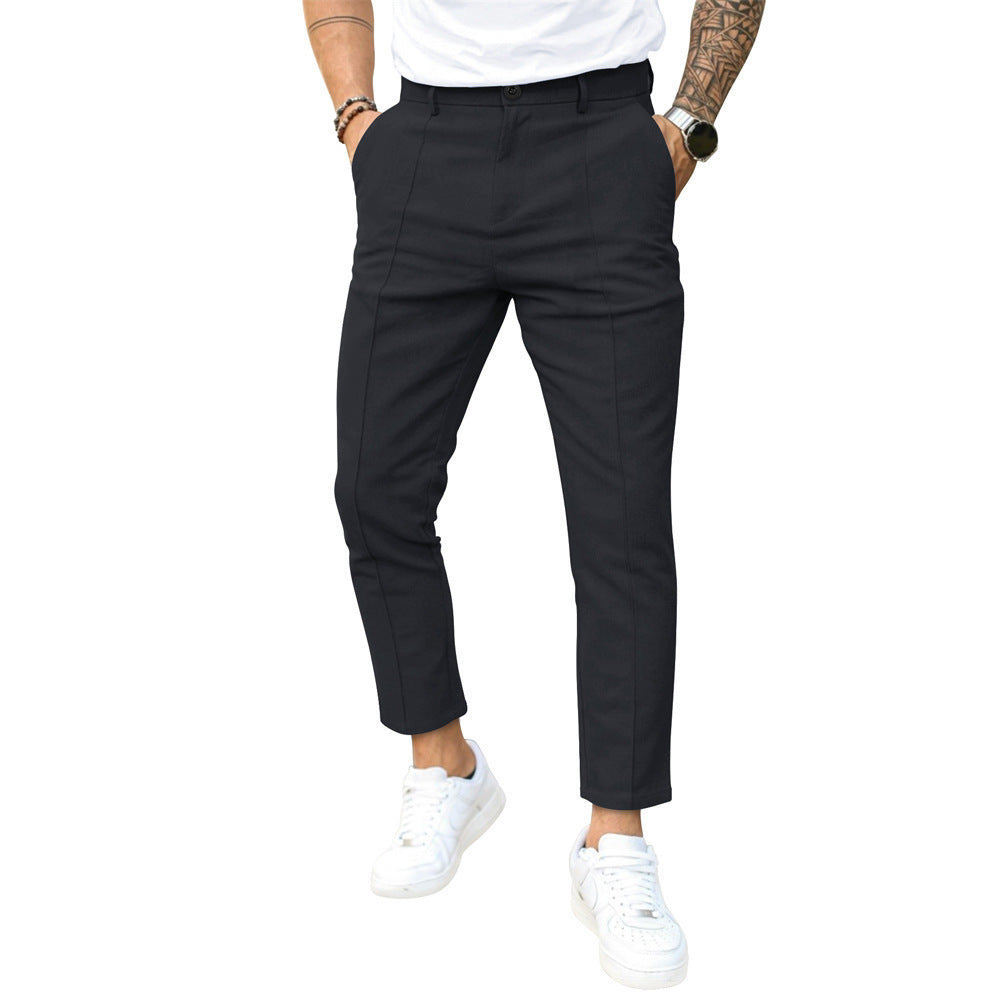 Men's Solid Color Casual Suit Pants with Double Fold Design