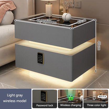 Intelligent Bedside Table with Light Bedroom Full Solid Wood Password Lock Bedside Storage Cabinet Led Light Wireless Charging