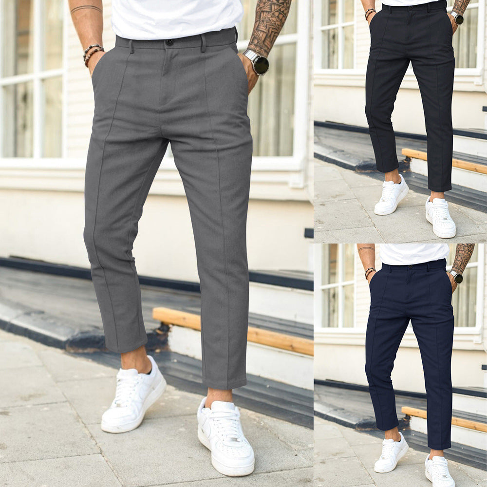 Men's Solid Color Casual Suit Pants with Double Fold Design