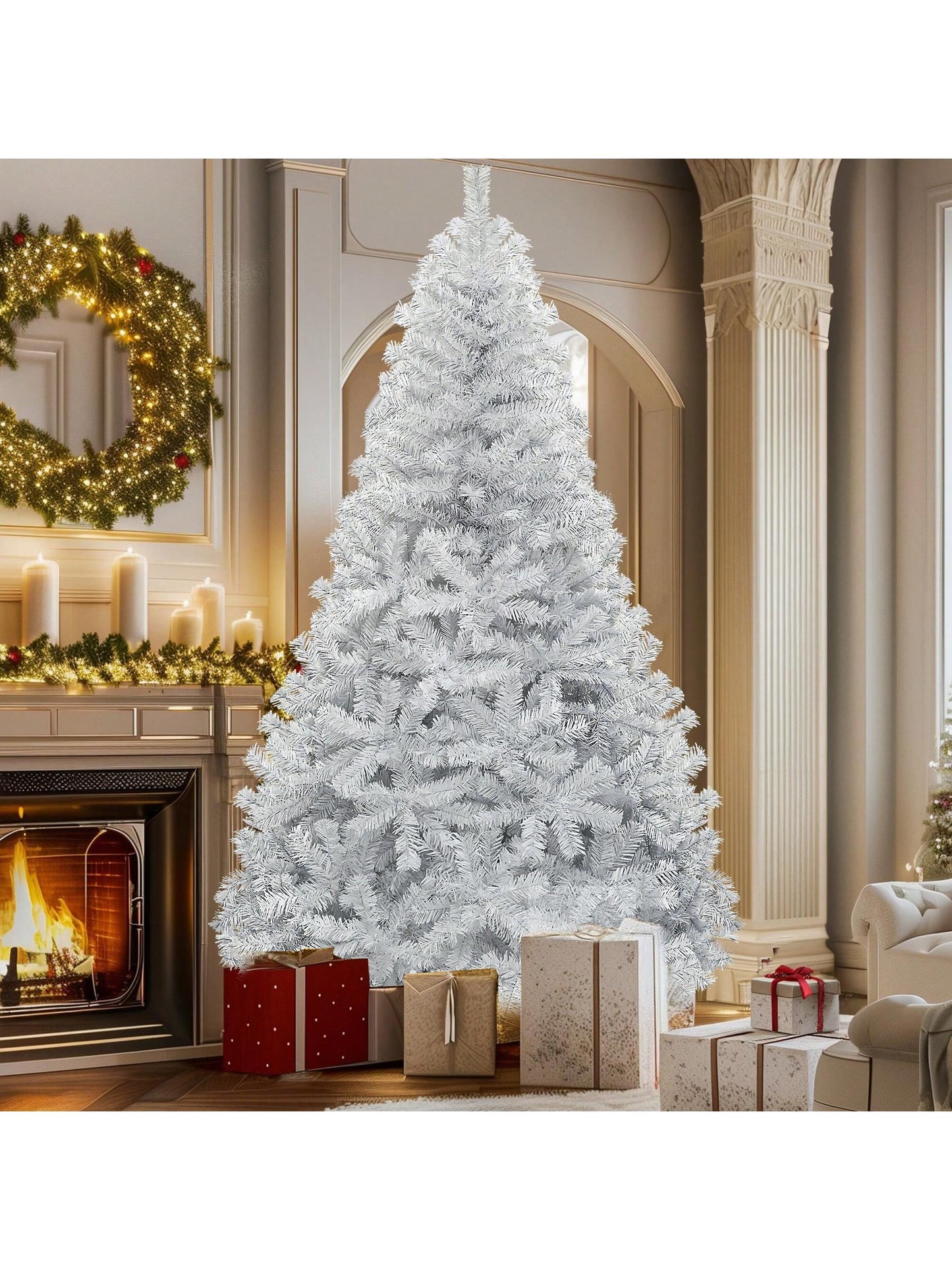 6Ft Spruce Artificial Christmas Tree, Holiday Christmas Pine Tree with 818 Branch Tips,Metal Hinges & Foldable Base, for Home, Office and Party Decor,White