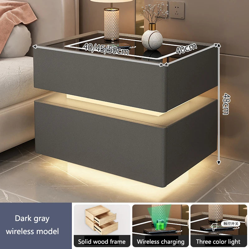 Intelligent Bedside Table with Light Bedroom Full Solid Wood Password Lock Bedside Storage Cabinet Led Light Wireless Charging