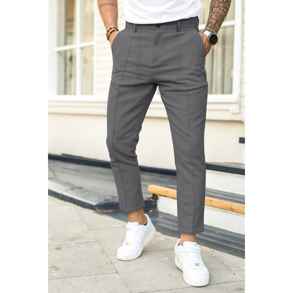 Men's Solid Color Casual Suit Pants with Double Fold Design