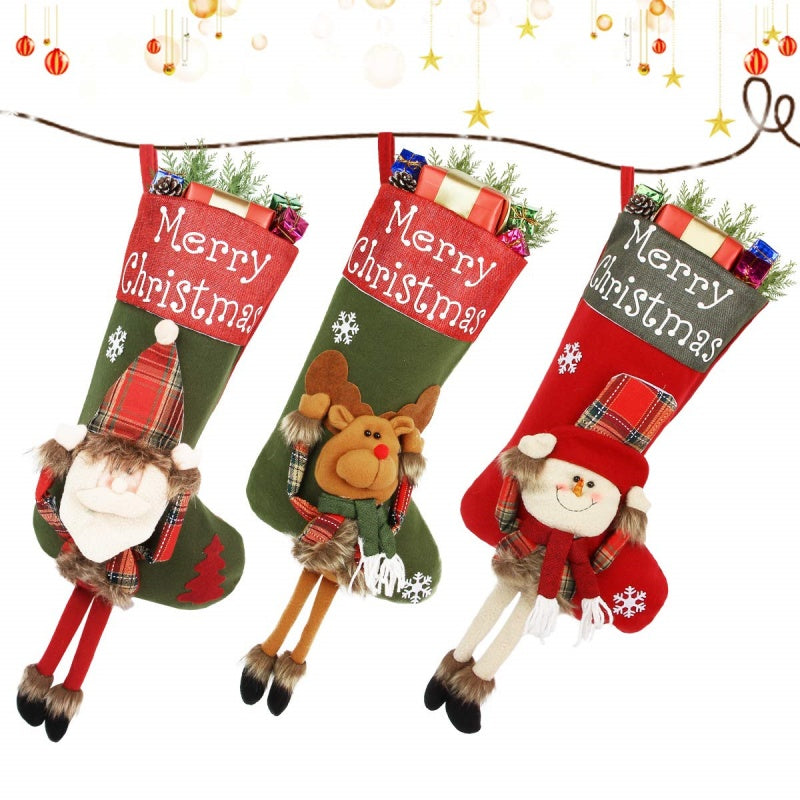 2024 New Year Xmas Big Stockings Set Decorations Christmas 3D Plush Big Sock Christmas Tree Pendant Decorating Supplies