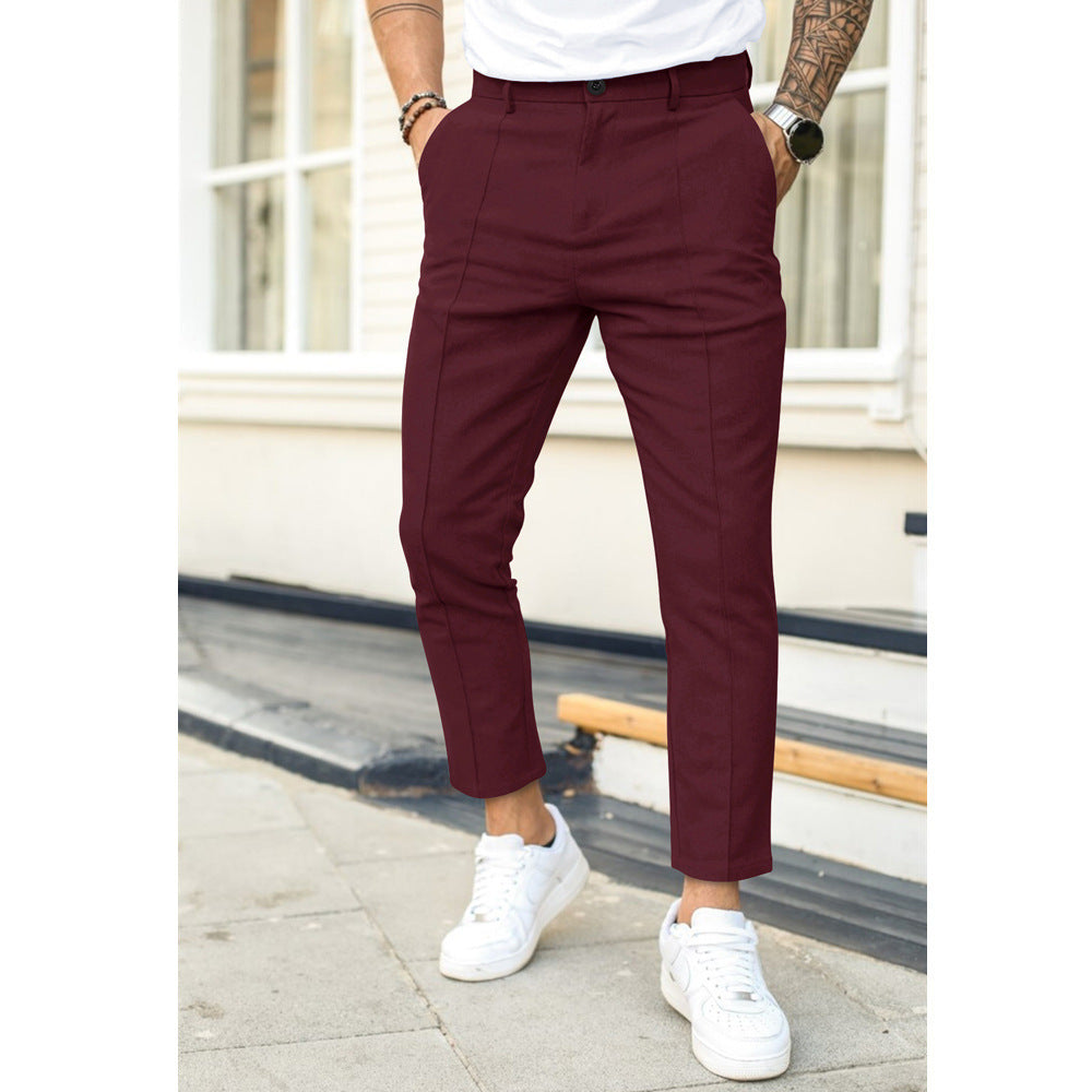 Men's Solid Color Casual Suit Pants with Double Fold Design