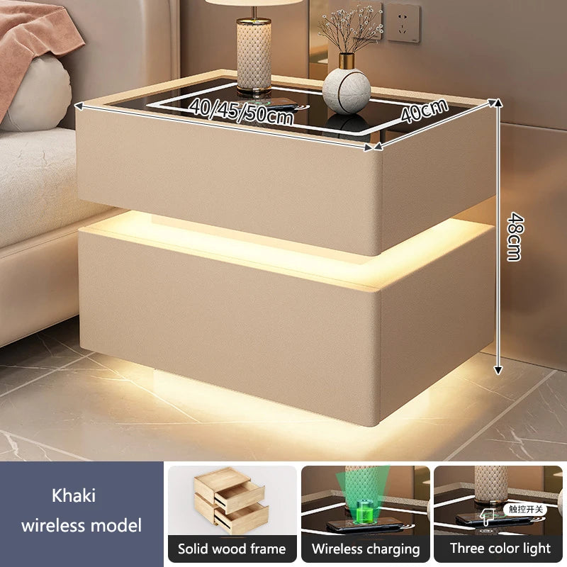 Intelligent Bedside Table with Light Bedroom Full Solid Wood Password Lock Bedside Storage Cabinet Led Light Wireless Charging