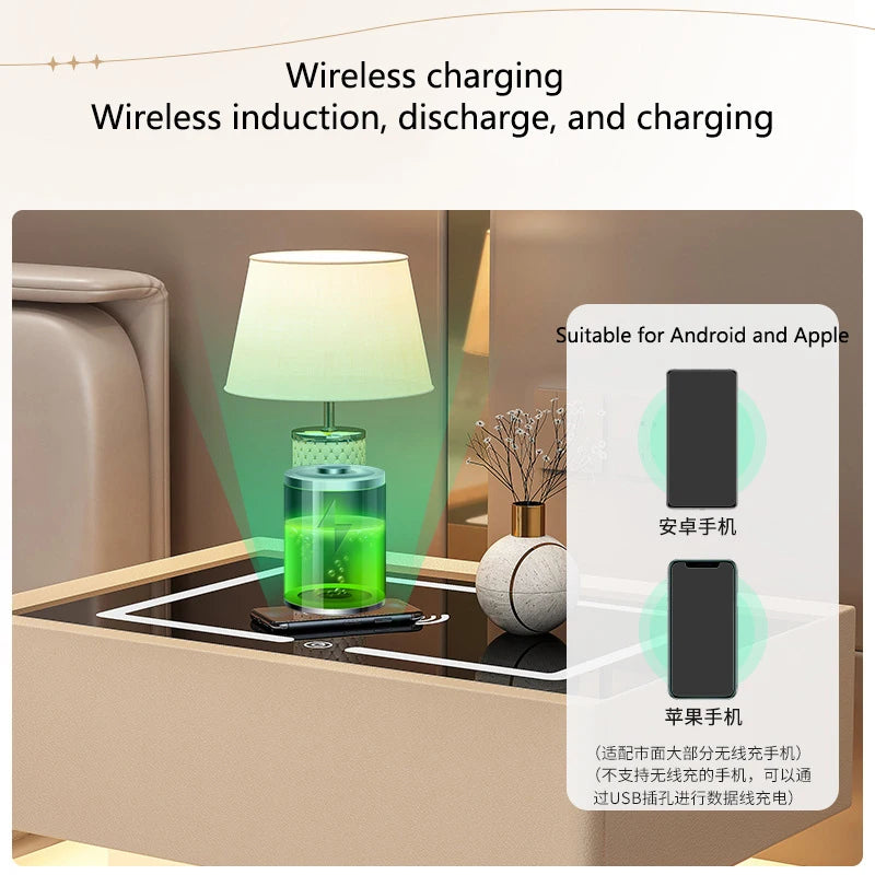 Intelligent Bedside Table with Light Bedroom Full Solid Wood Password Lock Bedside Storage Cabinet Led Light Wireless Charging