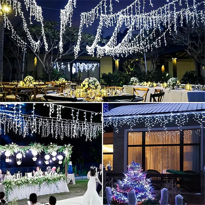 Solar Curtain Icicle Lights Outdoor Eaves Decoration Lights 8 Lighting Modes Wedding Christmas Party Garden Fairy Lights String