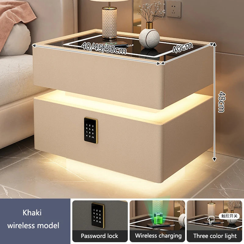 Intelligent Bedside Table with Light Bedroom Full Solid Wood Password Lock Bedside Storage Cabinet Led Light Wireless Charging