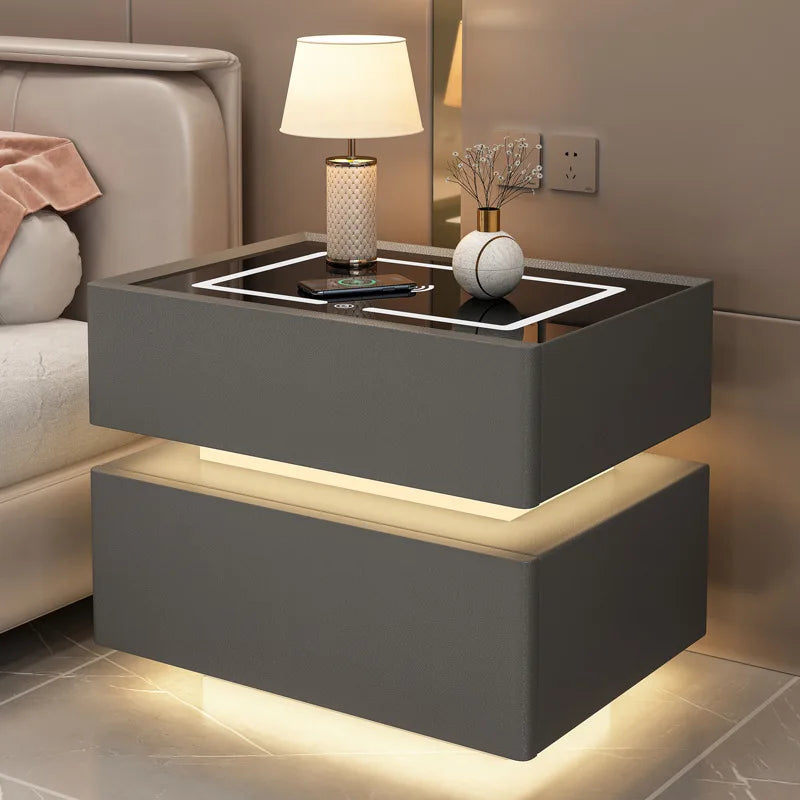 Intelligent Bedside Table with Light Bedroom Full Solid Wood Password Lock Bedside Storage Cabinet Led Light Wireless Charging