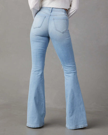 Blue Jeans for Women Pants Jeans Casual Long Flare Pants Slim High Waist Hole Denim Trousers Button Capris Y2K Spring 2024