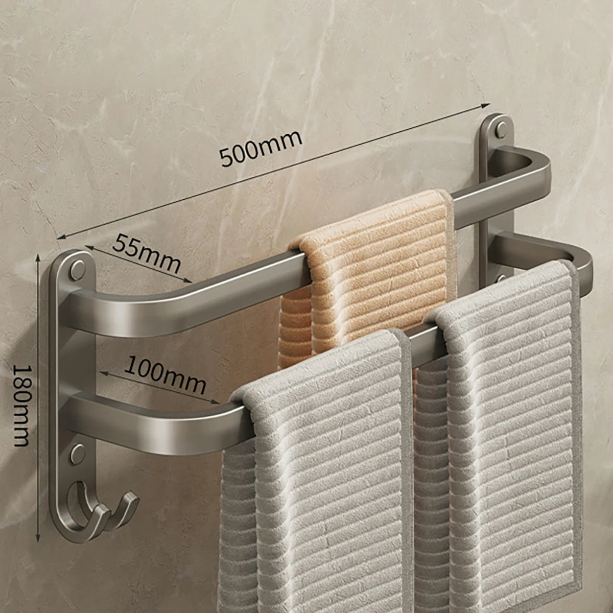 Aluminum Wall-Mounted Towel Bar and Rack with Hook - Elegant Bathroom Towel Holder and Accessory