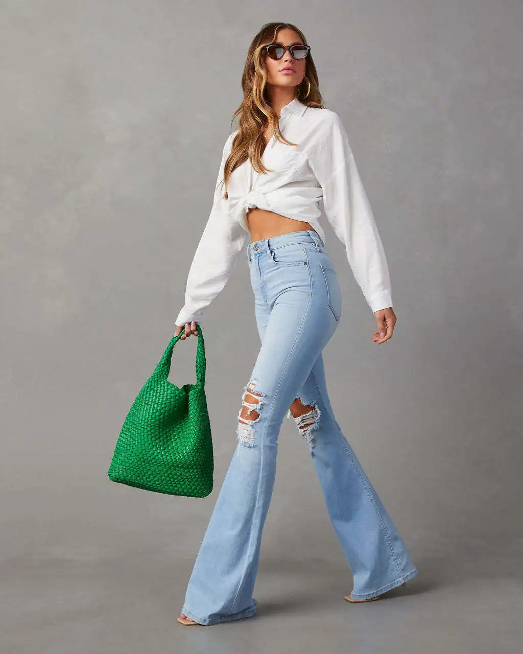 Blue Jeans for Women Pants Jeans Casual Long Flare Pants Slim High Waist Hole Denim Trousers Button Capris Y2K Spring 2024