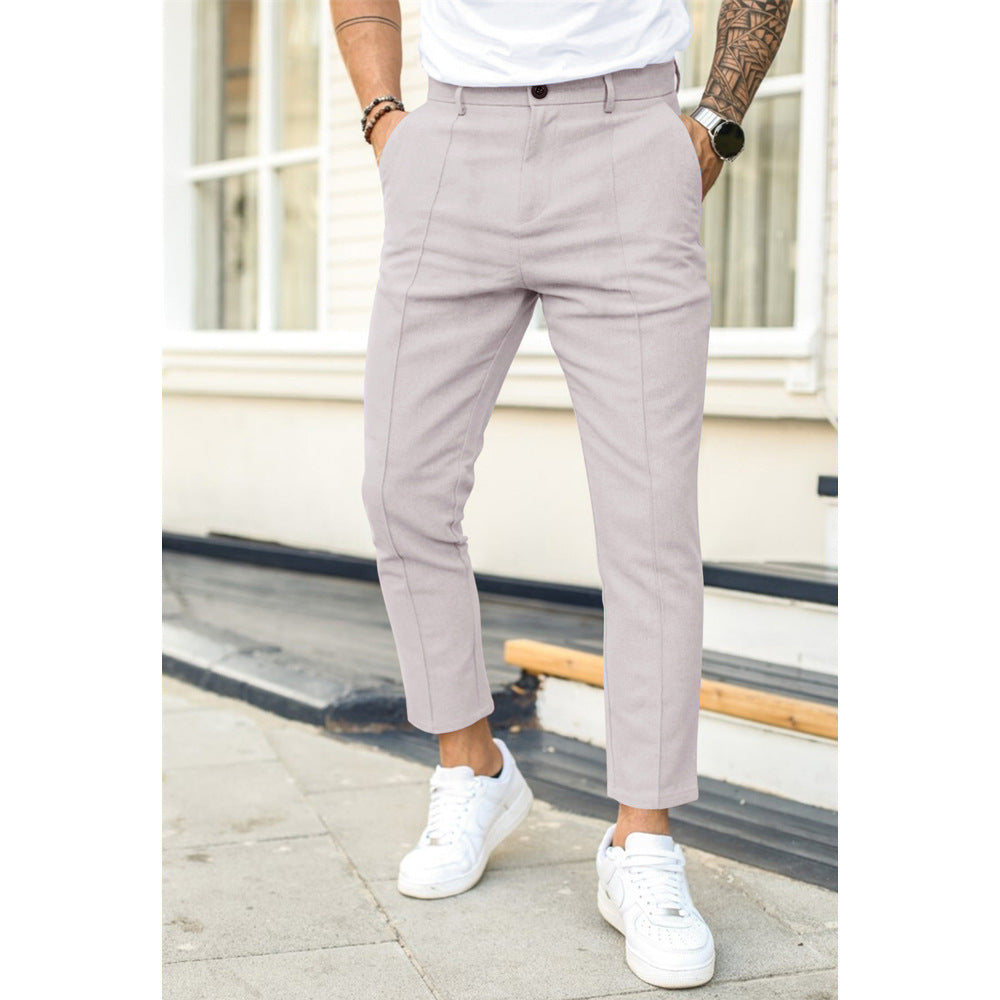 Men's Solid Color Casual Suit Pants with Double Fold Design