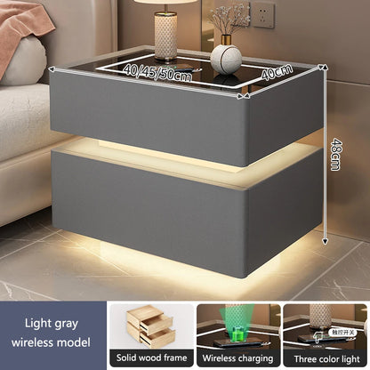 Intelligent Bedside Table with Light Bedroom Full Solid Wood Password Lock Bedside Storage Cabinet Led Light Wireless Charging