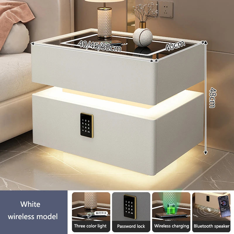 Intelligent Bedside Table with Light Bedroom Full Solid Wood Password Lock Bedside Storage Cabinet Led Light Wireless Charging