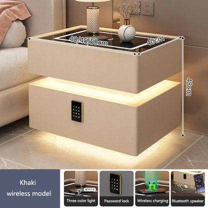 Intelligent Bedside Table with Light Bedroom Full Solid Wood Password Lock Bedside Storage Cabinet Led Light Wireless Charging