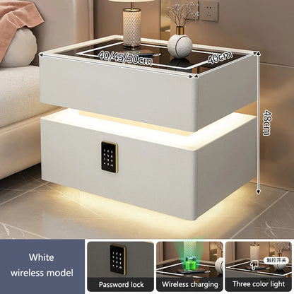 Intelligent Bedside Table with Light Bedroom Full Solid Wood Password Lock Bedside Storage Cabinet Led Light Wireless Charging