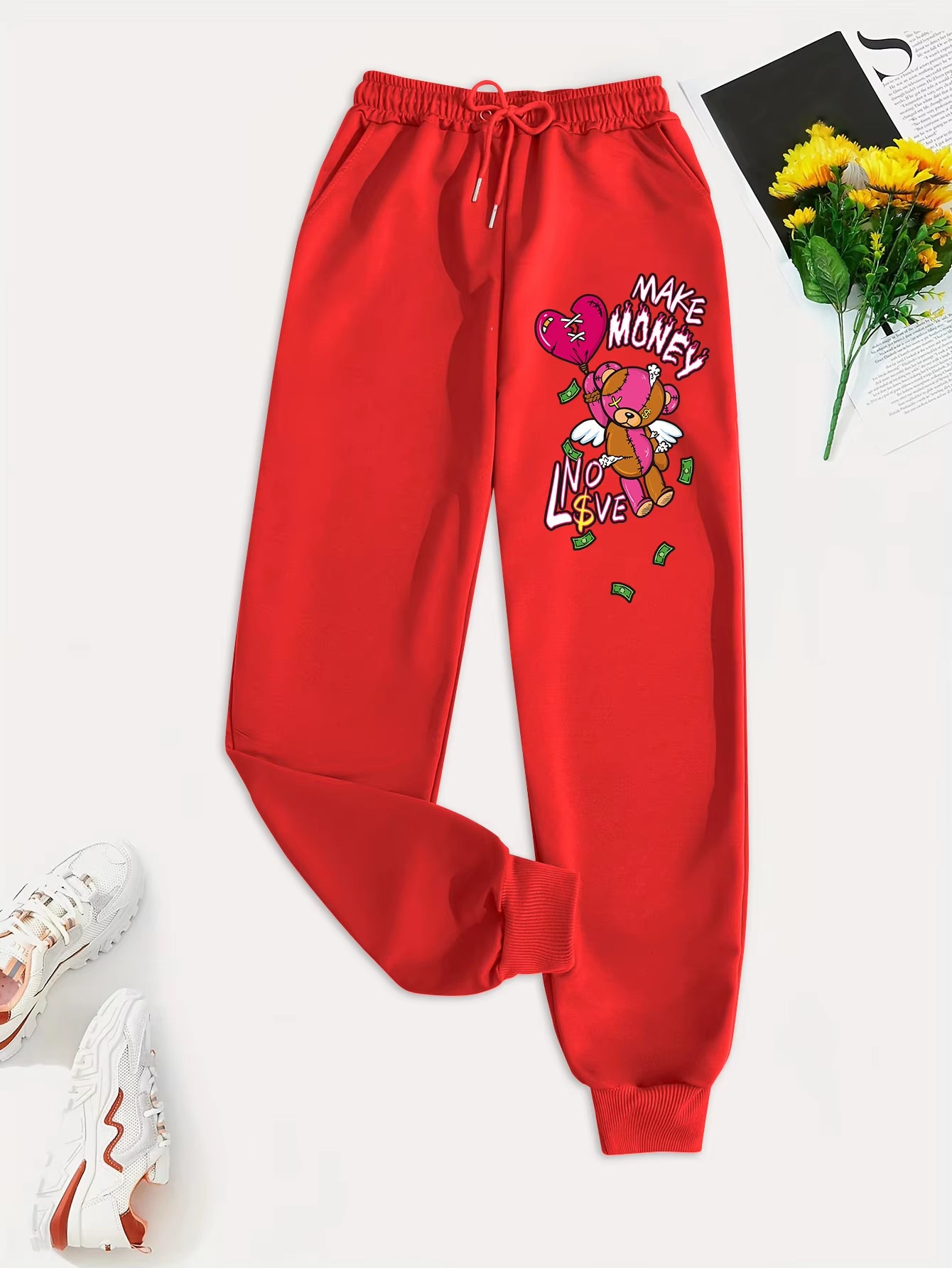 Women's Spring Casual Pants with Cartoon Bear Print - Versatile Fashion Trousers with Pockets for Trendy Street Style