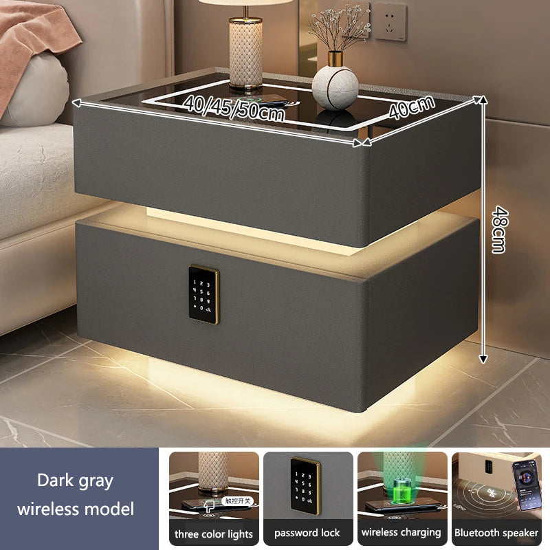 Intelligent Bedside Table with Light Bedroom Full Solid Wood Password Lock Bedside Storage Cabinet Led Light Wireless Charging