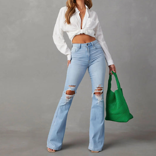 Blue Jeans for Women Pants Jeans Casual Long Flare Pants Slim High Waist Hole Denim Trousers Button Capris Y2K Spring 2024