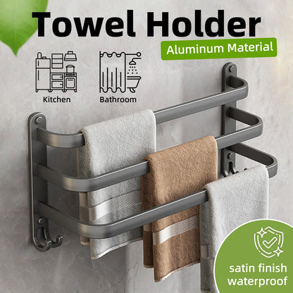 Aluminum Wall-Mounted Towel Bar and Rack with Hook - Elegant Bathroom Towel Holder and Accessory