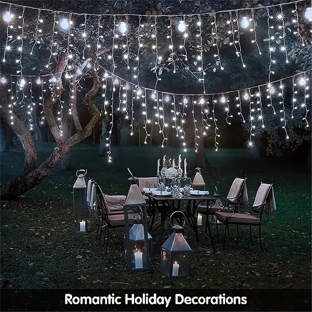 Solar Curtain Icicle Lights Outdoor Eaves Decoration Lights 8 Lighting Modes Wedding Christmas Party Garden Fairy Lights String