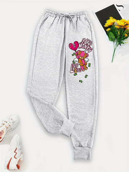 Women's Spring Casual Pants with Cartoon Bear Print - Versatile Fashion Trousers with Pockets for Trendy Street Style