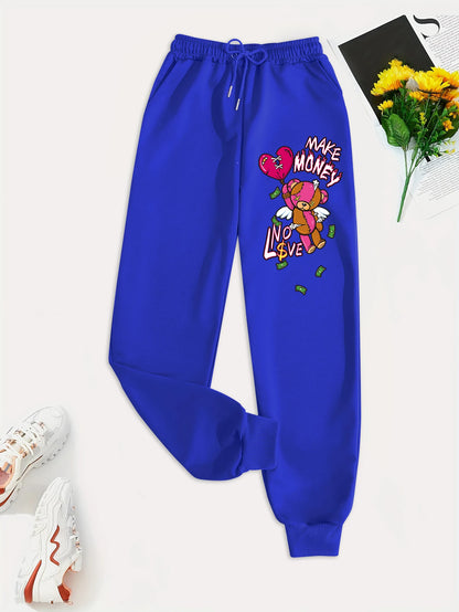 Women's Spring Casual Pants with Cartoon Bear Print - Versatile Fashion Trousers with Pockets for Trendy Street Style