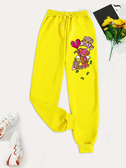 Women's Spring Casual Pants with Cartoon Bear Print - Versatile Fashion Trousers with Pockets for Trendy Street Style