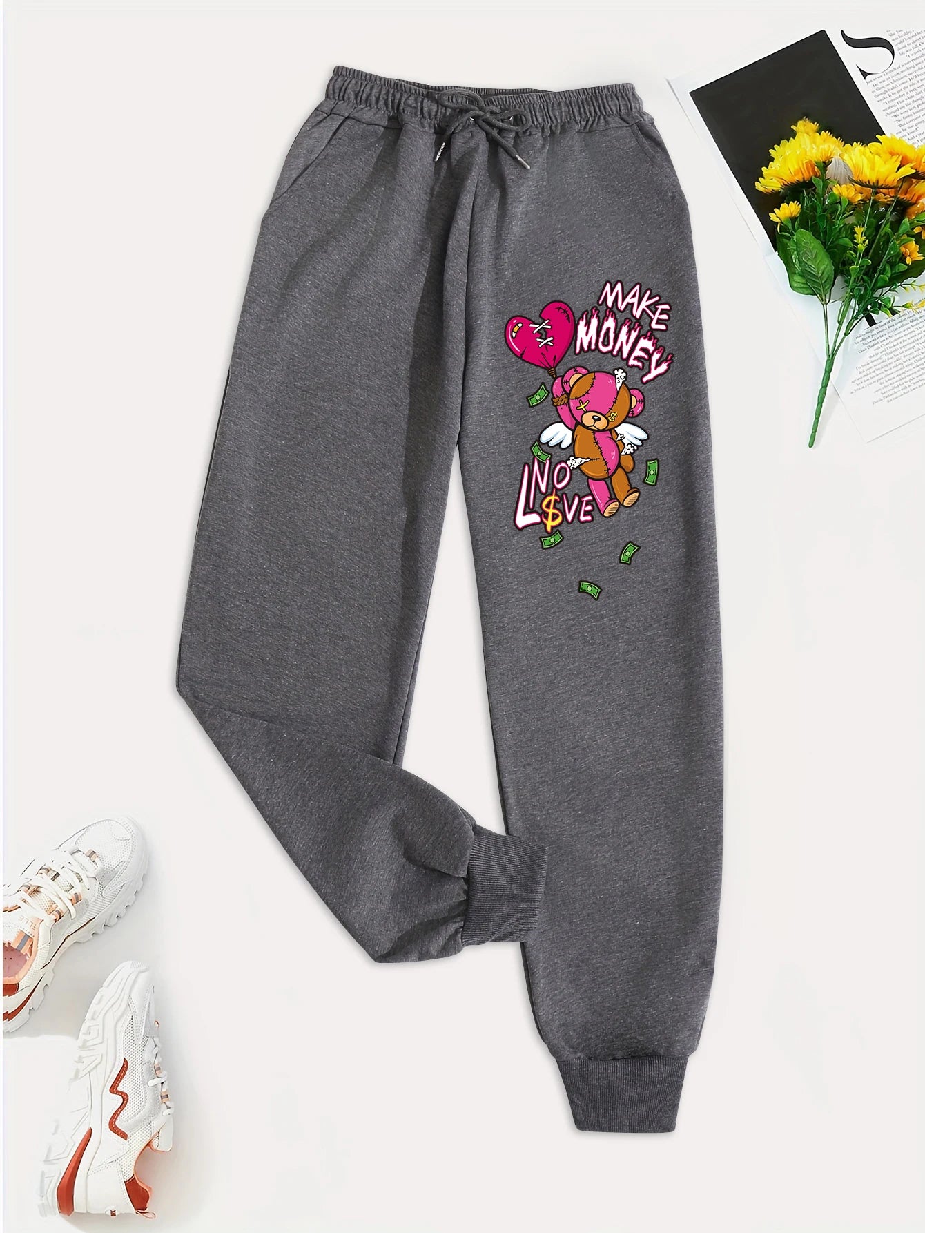 Women's Spring Casual Pants with Cartoon Bear Print - Versatile Fashion Trousers with Pockets for Trendy Street Style