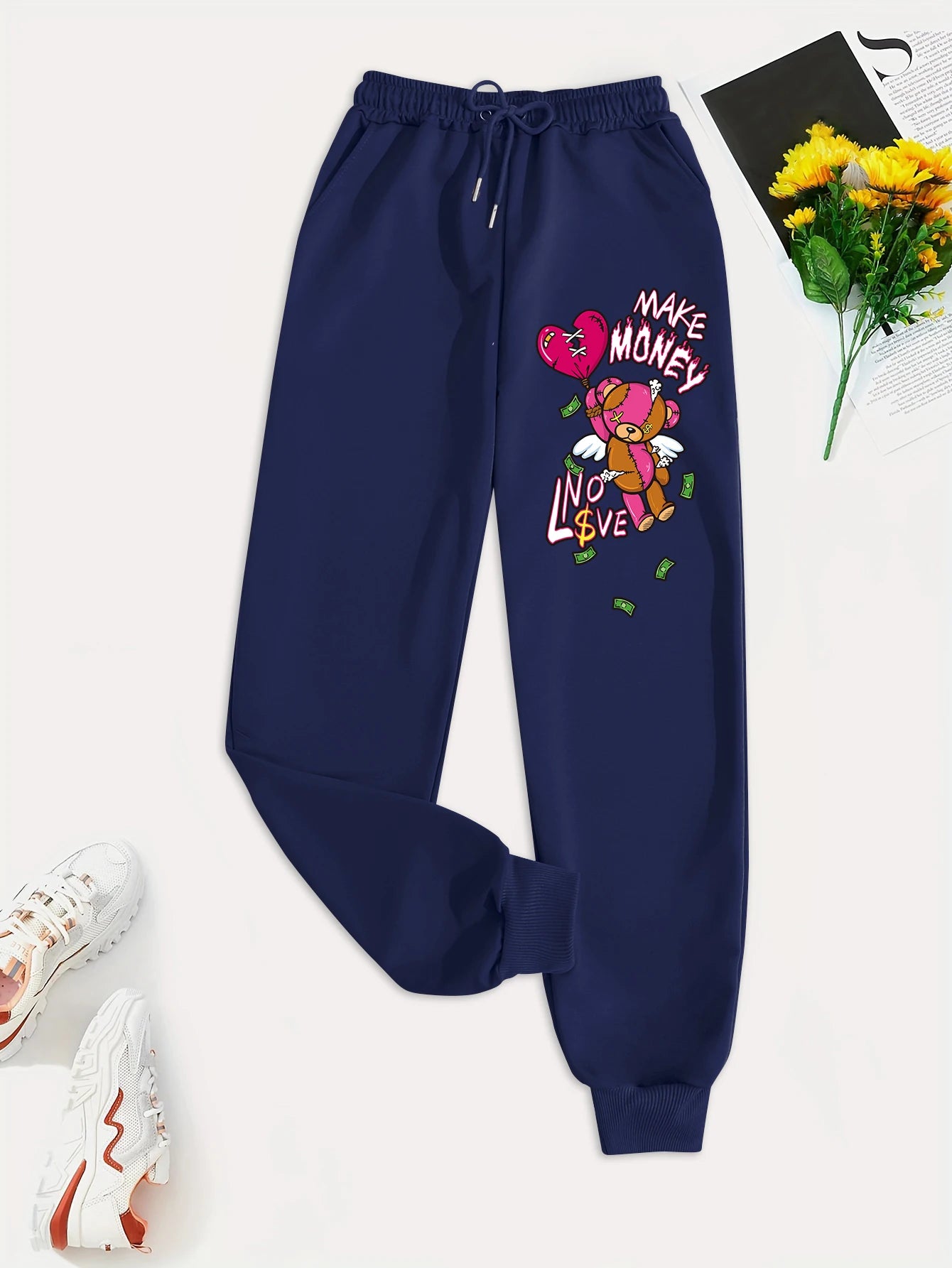 Women's Spring Casual Pants with Cartoon Bear Print - Versatile Fashion Trousers with Pockets for Trendy Street Style