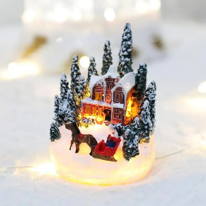 Christmas Decorations Resin Mini House Light up Village House Figurines Table Ornament for Christmas New Year Party Decoration