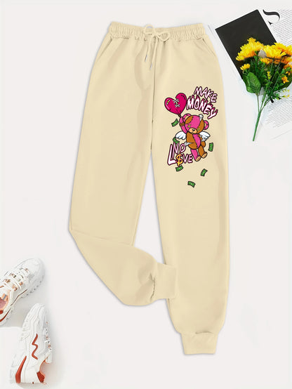 Women's Spring Casual Pants with Cartoon Bear Print - Versatile Fashion Trousers with Pockets for Trendy Street Style