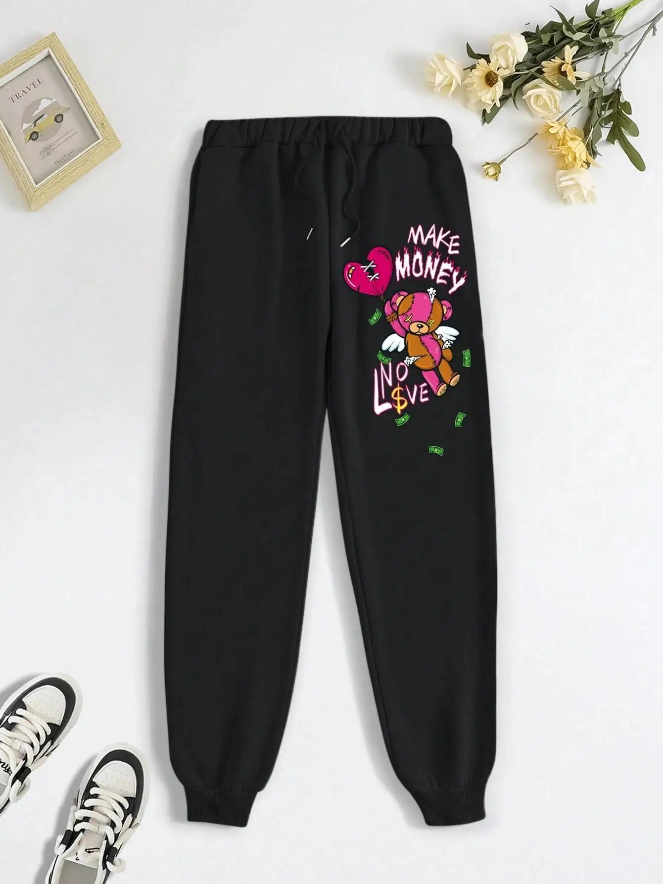 Women's Spring Casual Pants with Cartoon Bear Print - Versatile Fashion Trousers with Pockets for Trendy Street Style