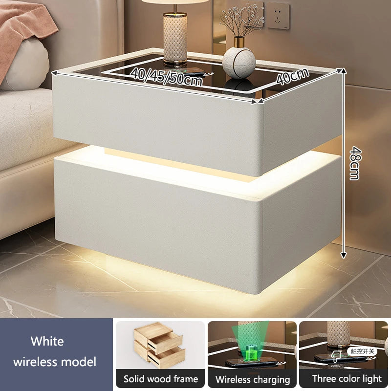 Intelligent Bedside Table with Light Bedroom Full Solid Wood Password Lock Bedside Storage Cabinet Led Light Wireless Charging