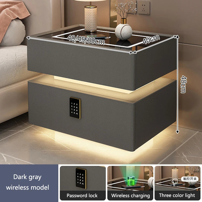 Intelligent Bedside Table with Light Bedroom Full Solid Wood Password Lock Bedside Storage Cabinet Led Light Wireless Charging