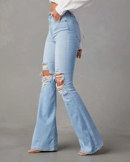 Blue Jeans for Women Pants Jeans Casual Long Flare Pants Slim High Waist Hole Denim Trousers Button Capris Y2K Spring 2024