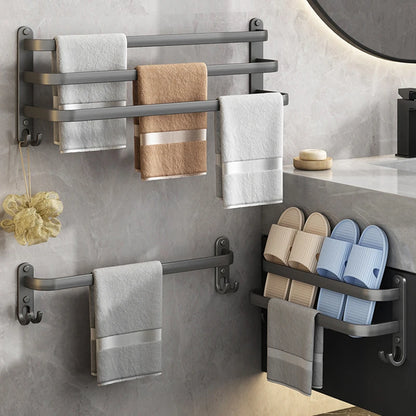 Aluminum Wall-Mounted Towel Bar and Rack with Hook - Elegant Bathroom Towel Holder and Accessory